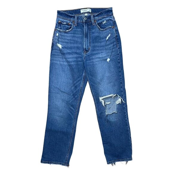 🌟 Abercrombie & Fitch Dark Wash Curve Love Ultra High Rise Distress Jeans Sz 25 - Picture 1 of 8